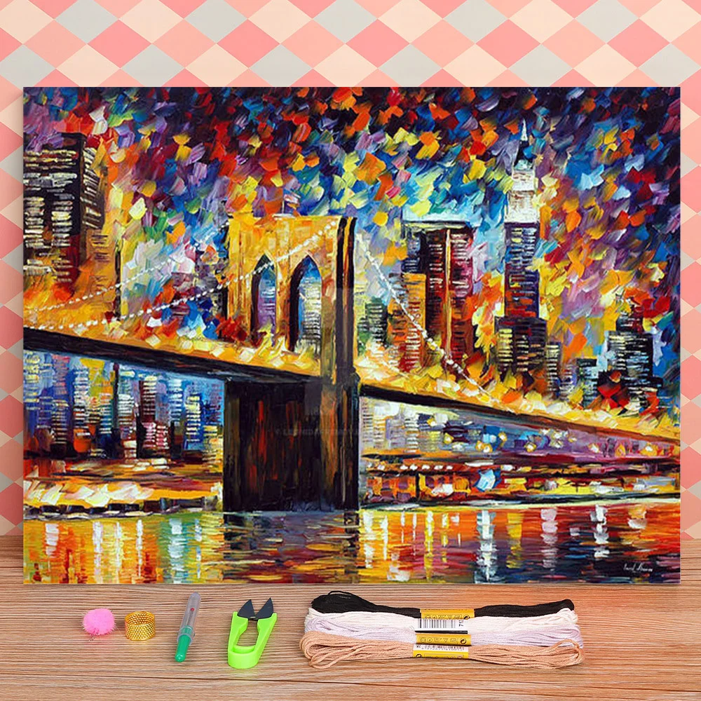 New York Brooklyn Bridge Printed Fabric 11CT Cross-Stitch Kit Embroidery DMC Threads Handmade Handiwork Handicraft     Gift