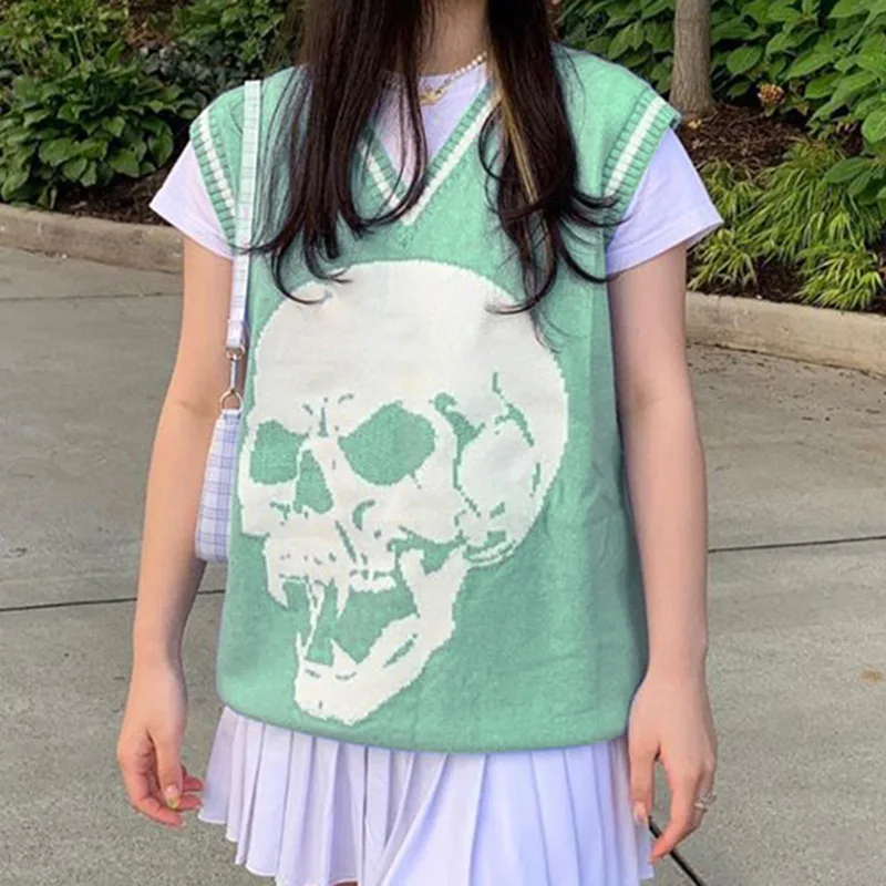 

Hip Hop Skull Print Knitted Sweater Vest Goth Sleeveless V Neck Pullover Women Sweaters Fall 2020 Crop Top Jumper Sweter Damski
