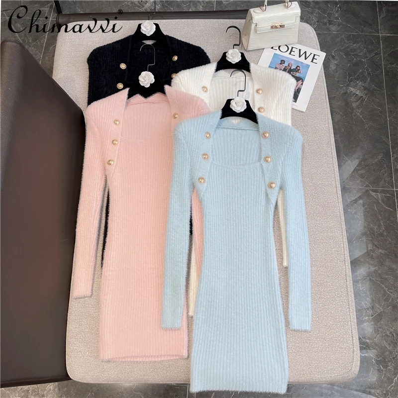 

2021 New Winter Clothes Fashion Sweet Sexy Slim-Fit Hip Dress Women Temperament Mink-like Brass Buckle Short Knitted Dresses