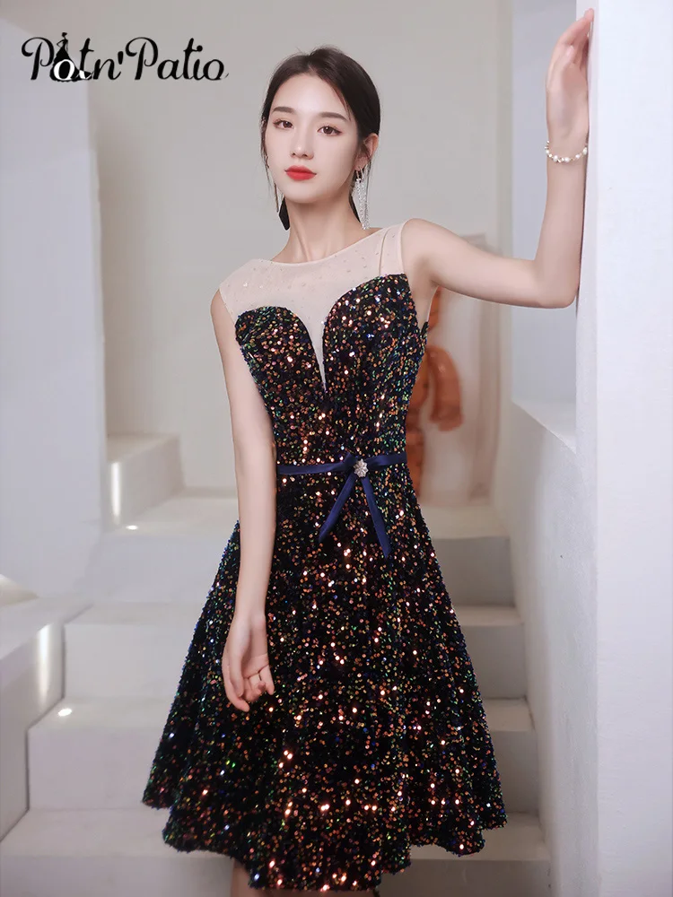 

Shiny Sequin Homecoming Dresses 2021 Elegant O-neck Sleeveless A-line Short Prom Gowns For Graduation Party