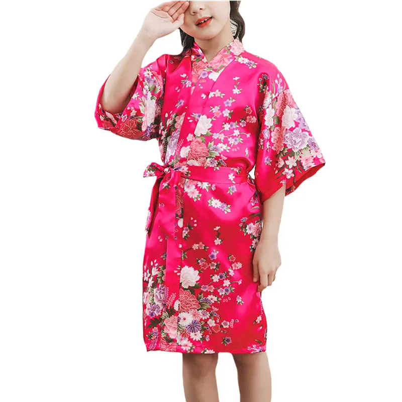 Ночная рубашка для девочек шелковое атласное кимоно с цветами одежда