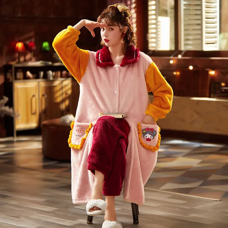 

Winter New Flannel 2PCS Pajamas Suit Long Sleeve Home Clothing Intimate Lingerie Women Casual Homewear Patchwork Pyjamas