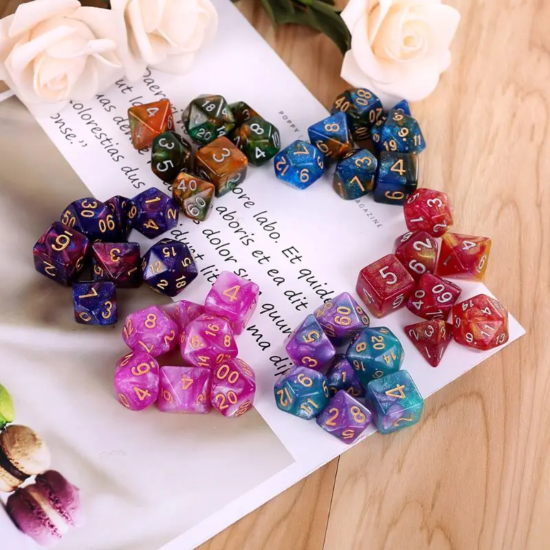 

7pcs/set Dichromatic D4 D6 D8 D10 D12 D20 Polyhedral Dices Numbers Dials Desktop