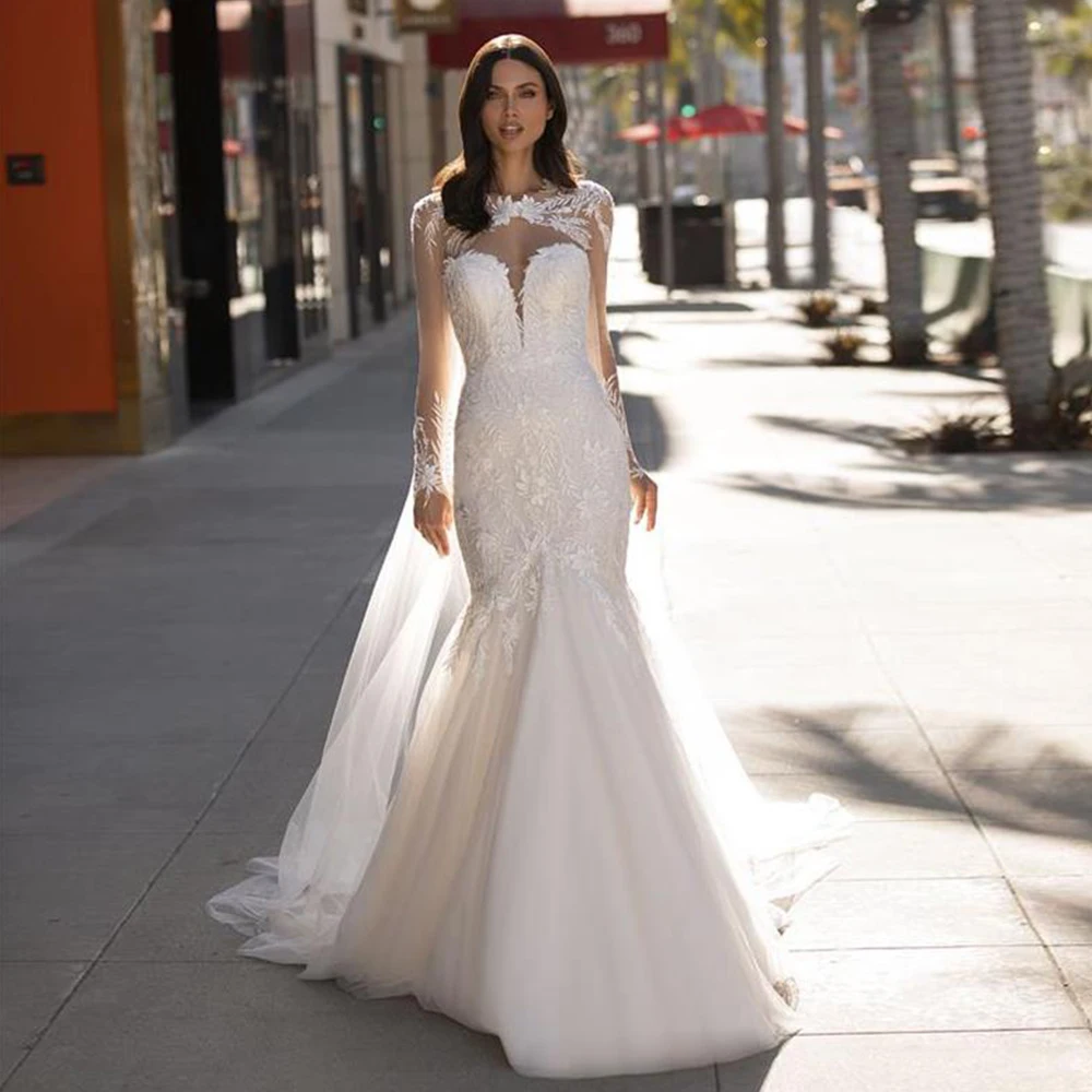 

Deep V Neck Mermaid Wedding Dresses Full Sleeve with White Tulle Bridal Gowns 2022 Applique Dress Floor-Length robe de mariée