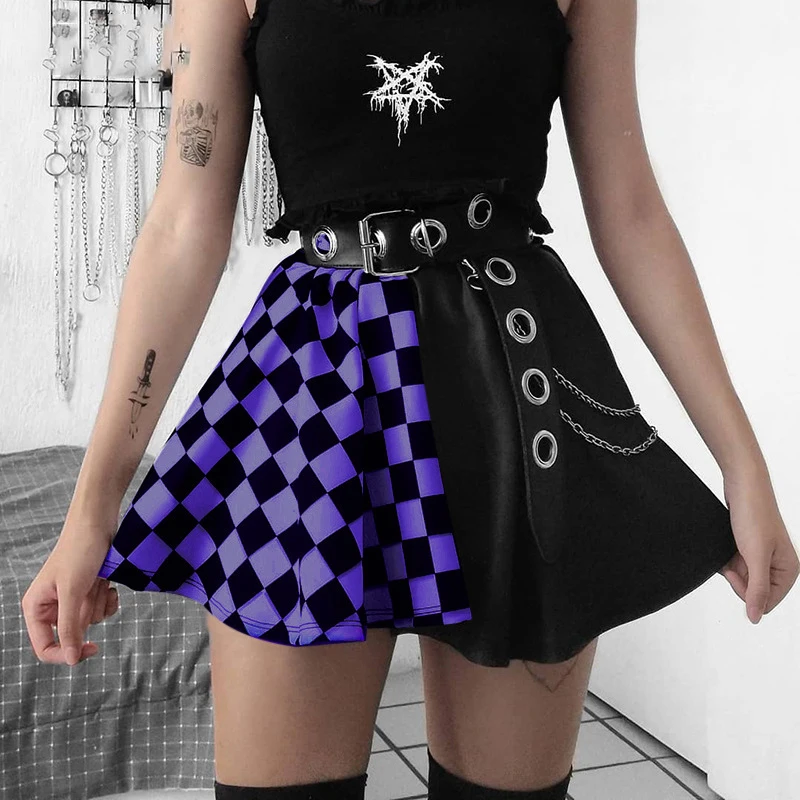 

AltGirl Harajuku Punk Gothic Skirt Women Y2k E-girl Emo Alt Retro Plaid Patchwork High Waist Skirt Mall Goth Aesthteic Clubwear