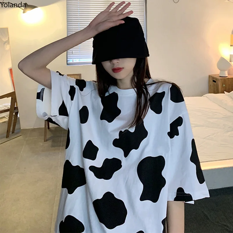 

Cow Camouflage Print Woman Tshirts Harajuku Loose Short-sleeved Ladies T-shirt Retro Ins Clothing Top Vetement Femme Graphic Top