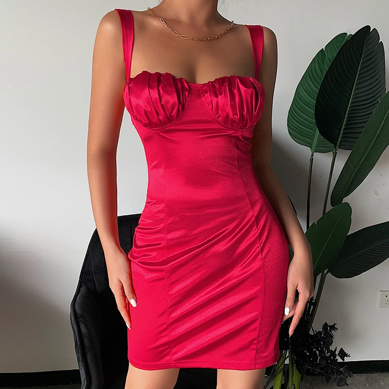 Женское атласное мини платье OSLLENLLA Красное Облегающее Платье на бретельках с