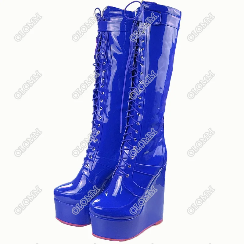 Harga Olomm Buatan Tangan Cincin Lutut Tinggi Sepatu Boot Wedges Sepatu Hak Tinggi Ujung Bulat Merah Cantik Club Memakai Sepatu Wanita Plus Ukuran US 5-20