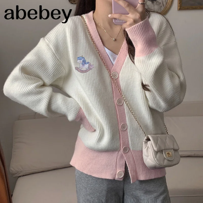 

Women'S Cardigan Sweater 2021 Autumn Korean V-Neck Long Sleeve Loose Knitted Sweater Cute Cartoon Embroidery Ladies Sweater Coat