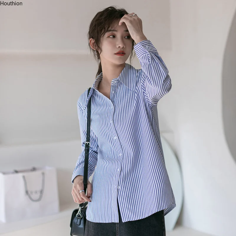 

Summer Women's Blouses Polo Shirts Chiffon Top Fashion Casual Shirt Long Sleeve Blouse Loose Striped Lady Tops Plus Size 20107