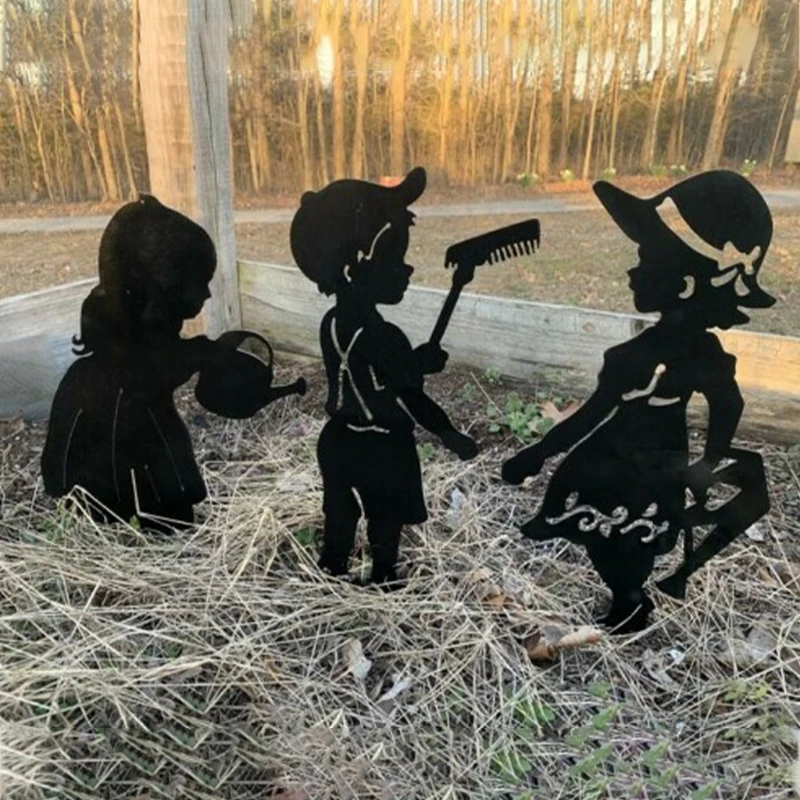 

3D Acrylic Boy Girl Garden Stakes Cute Hollow Out Silhouette Farming Kids Figurine Sculpture Dwarf Plug-in Yard Decor Ornaments