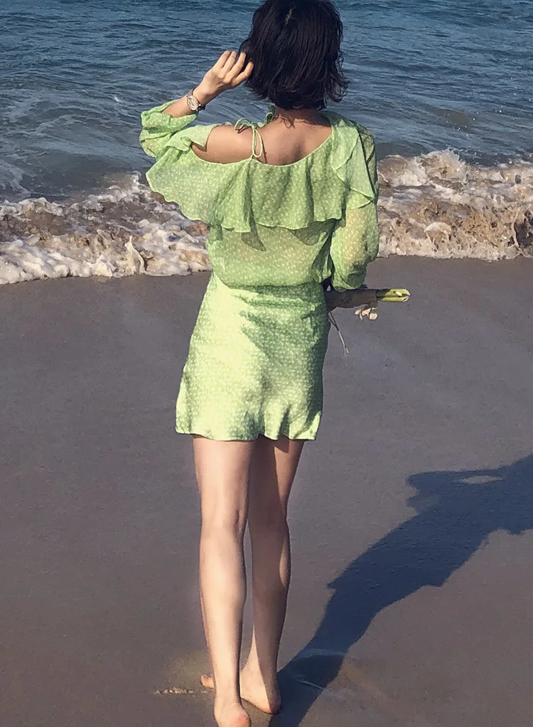 Женская шелковая атласная мини-юбка с цветочным принтом и длинным рукавом косой