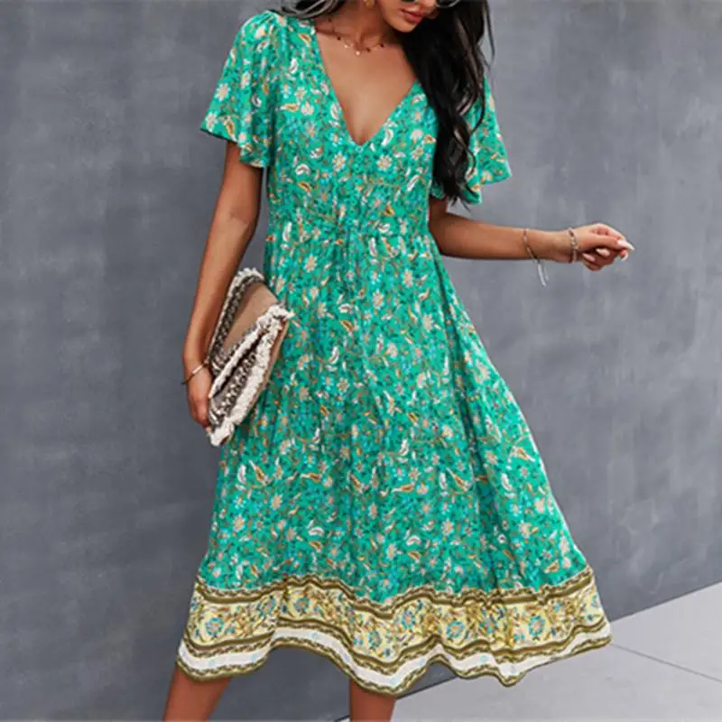 

Новинка 2021, модное женское платье с коротким рукавом, Цветочное платье, пляжная одежда с V-образным вырезом, свободные длинные платья а-силуэ...