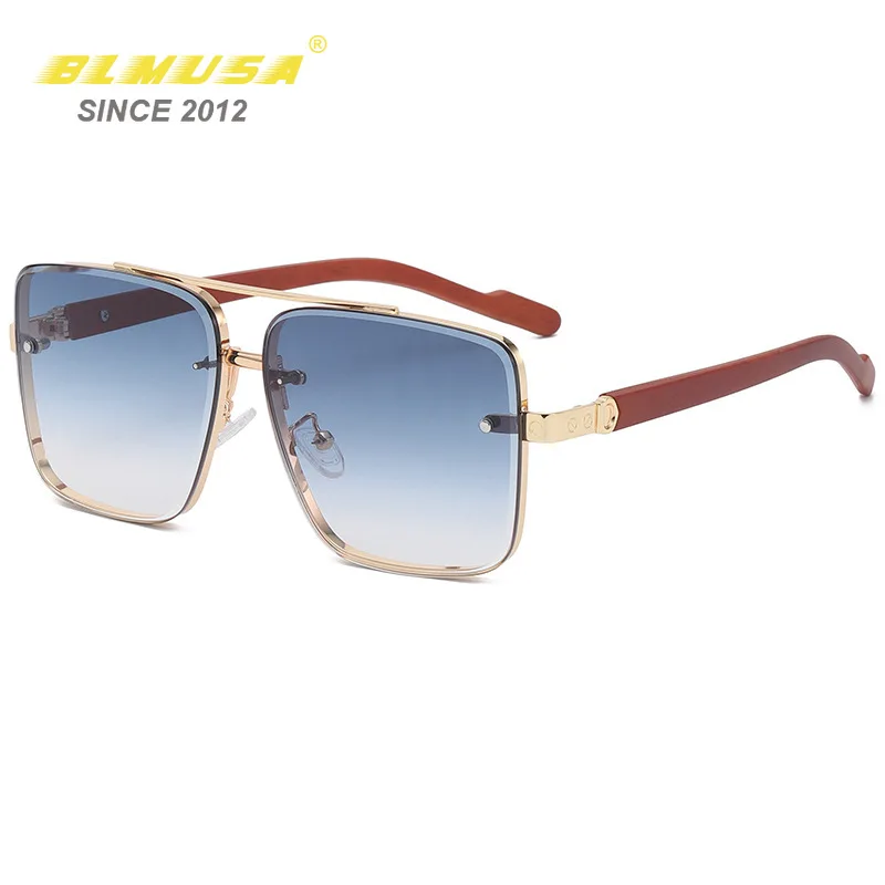 BLMUSA yeni kare çerçevesiz güneş gözlüğü erkekler iş ahşap tahıl gözlük araba sürüş güneş gözlüğü kadın dekoratif gözlük UV400