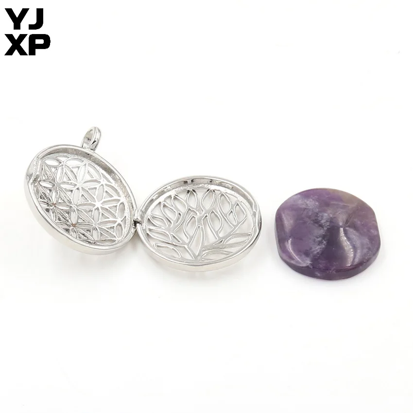 

YJXP Natural Stones Pendants Round Shape Crystal Beads Hollow Case Reiki Flower of Life Locket Pendant Openabl Charms Jewelry