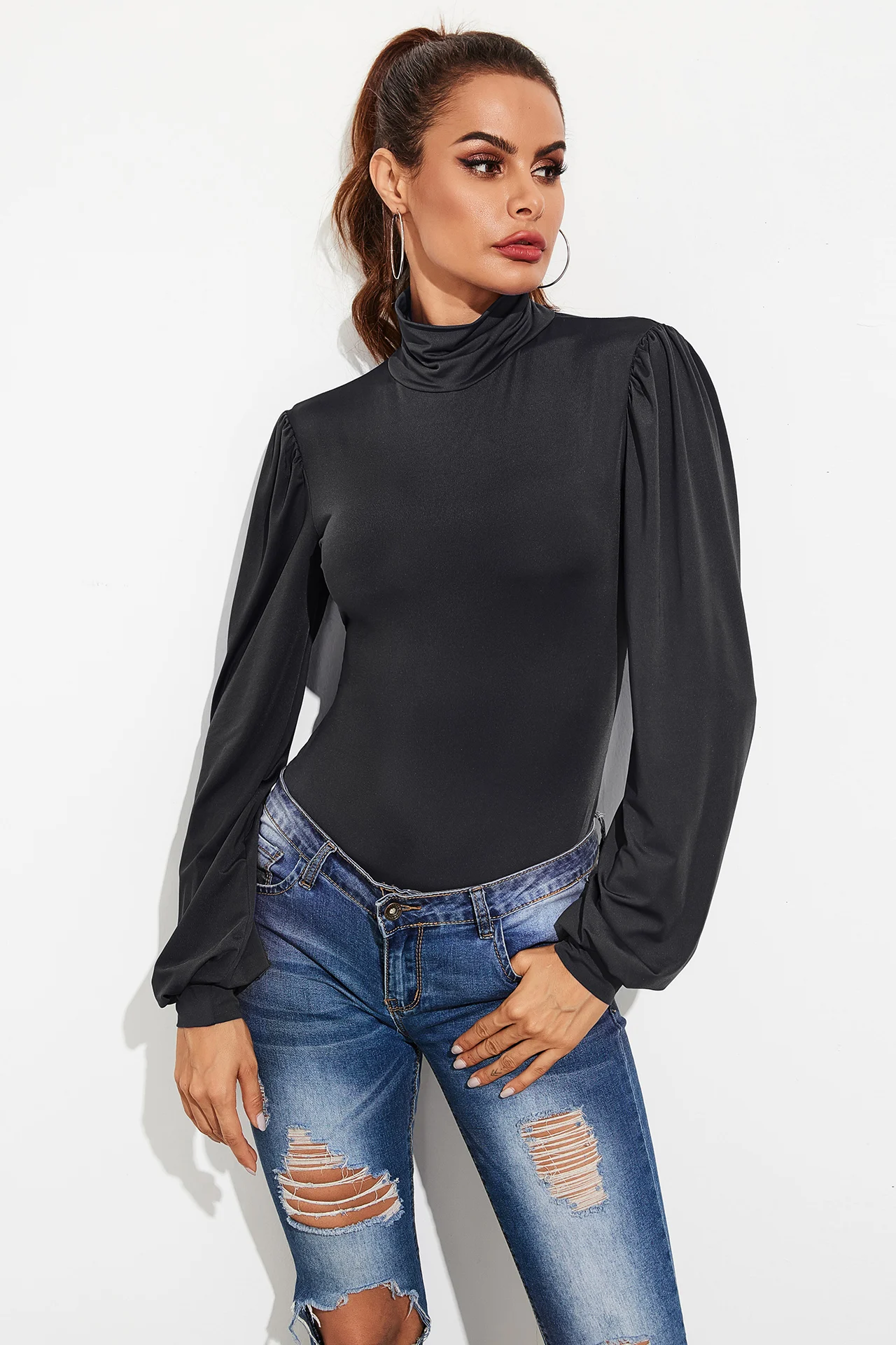 Боди женское с длинным рукавом фонариком пикантный облегающий Ромпер облегающее