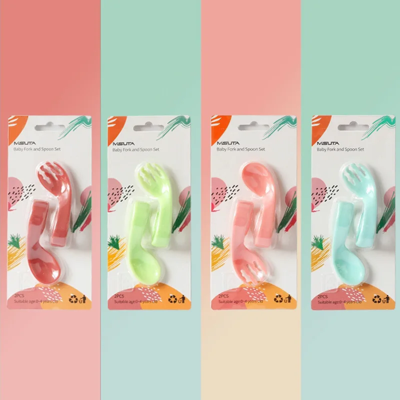 

Mosodo Curved Spoon Newborn Baby Training Spoon With Fork Learn To Eat Feeding Accessories Set Children Tableware