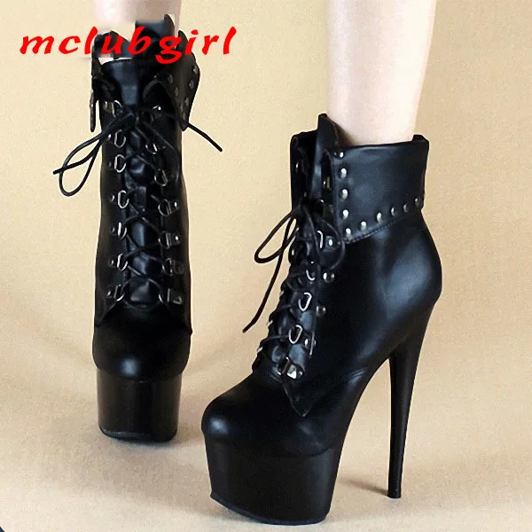 

Mgirlclub/Сапоги на очень высоком каблуке 15 см; Тонкие каблуки низкие сапоги; Пикантные женские сапоги с заклепками для ночных клубов