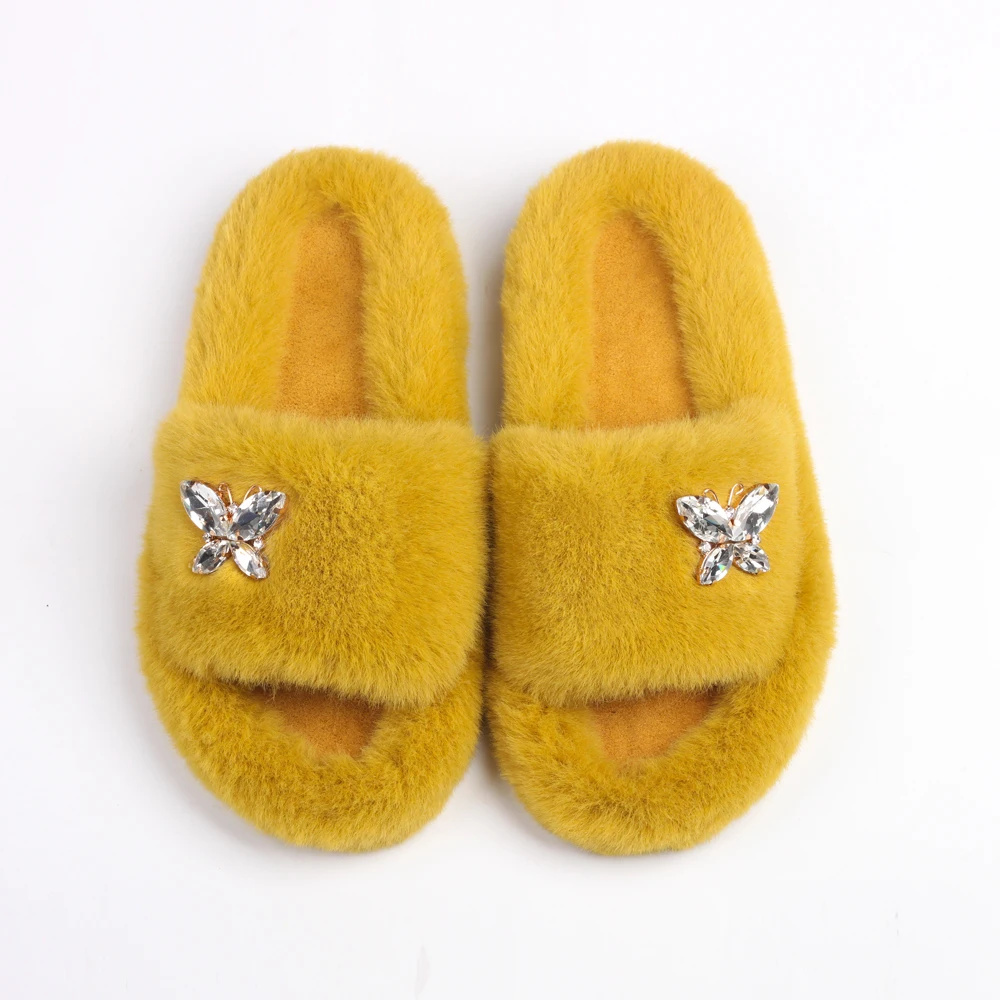 Women Fluffy Slippers Designer Fur Slides Crystal Butterfly Faux Fur Sandals Glitter Rhinestone Platform Slippers Female Shoes images - 6