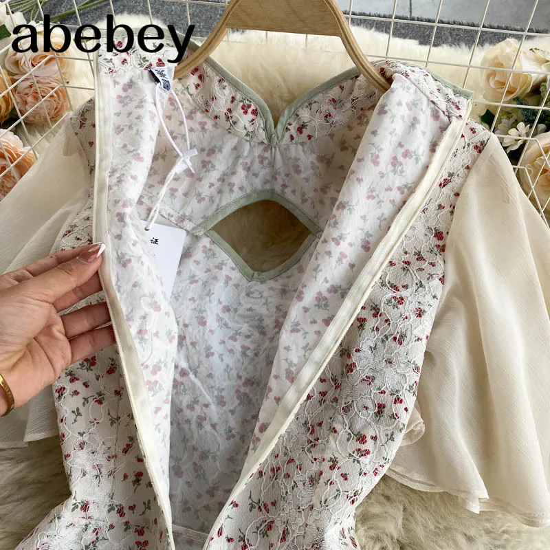 

Women Drawstring Floral Dress Retro stand collarFlying sleeve Slim Mini Dresses Summer Korean Bohemian Print Dress