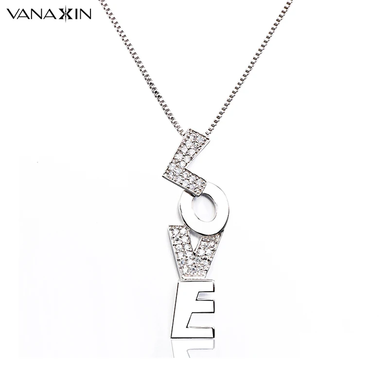 

LOVE Letter Zircons Necklace Gold/Silver Color Paved Bling Bling CZ Fashion Jewelry For Women Girl Anniversary Gift Box