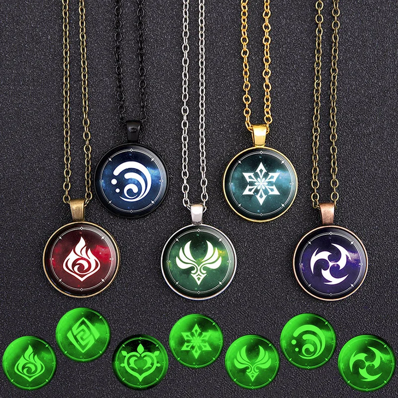 

Genshin Impact Glow In The Dark Necklace Eye of God Ice Fire Wind Water Grass Thunder Element Glass Pendant Luminous Necklaces
