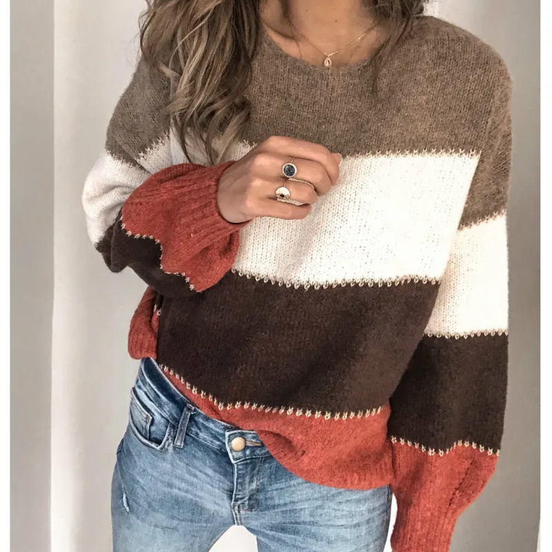 

Повседневный вязаный пуловер с круглым вырезом, топы, осенне-зимний полосатый свитер с длинными рукавами, женский свитер с капюшоном в стил...