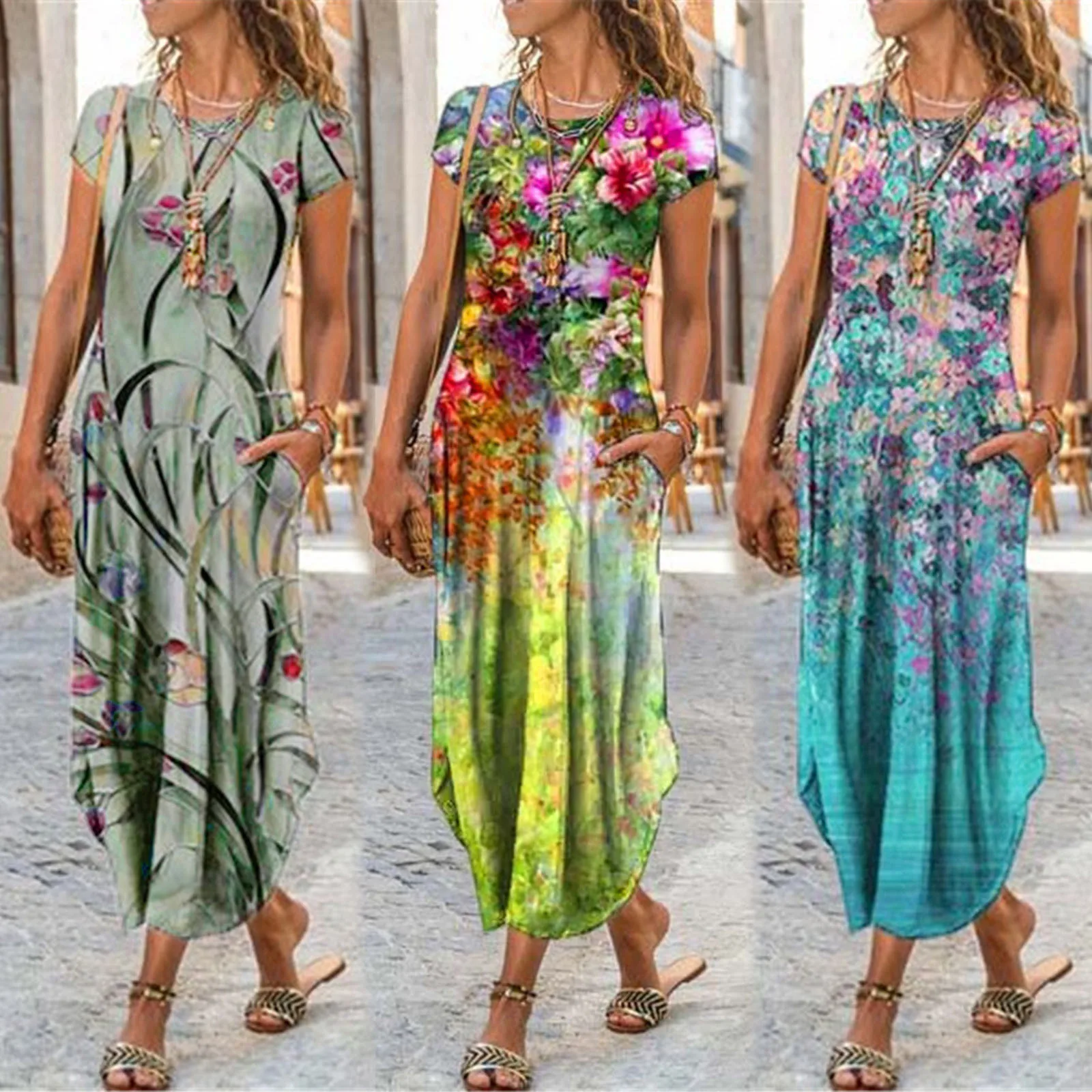 

2021 New Dresses For Women Ladies Printed Slim Short Sleeve Split Mid-length Casual Dress Vacation Casual Vestido #g