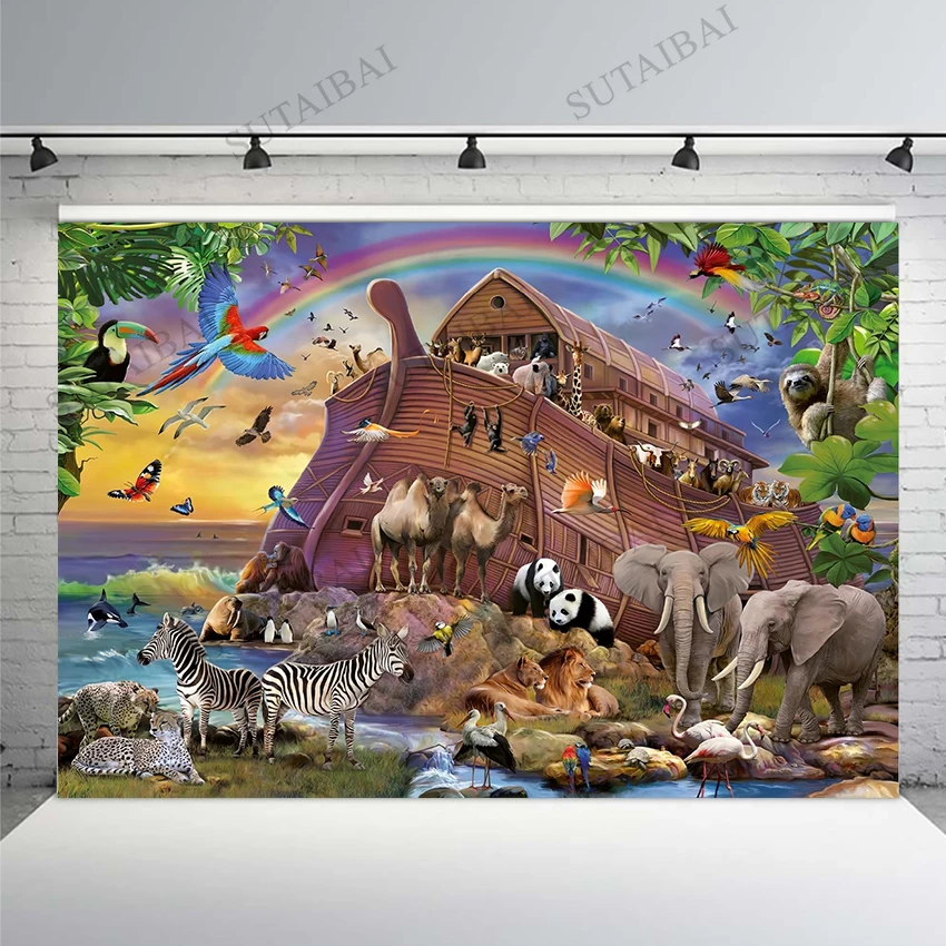 

7x5FT Animal Party Ship Sea Seaside Rainbow Personalized Custom Photo Studio Backdrop Photography Background Photocall Poster