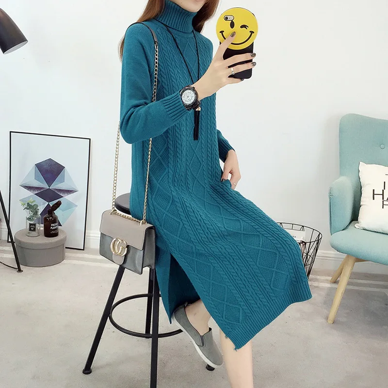 

QRWR 2020 Autumn Winter Sweater Women Vintage Loose Turtleneck Long Sweater Dress Casual Split Solid Women Sweater