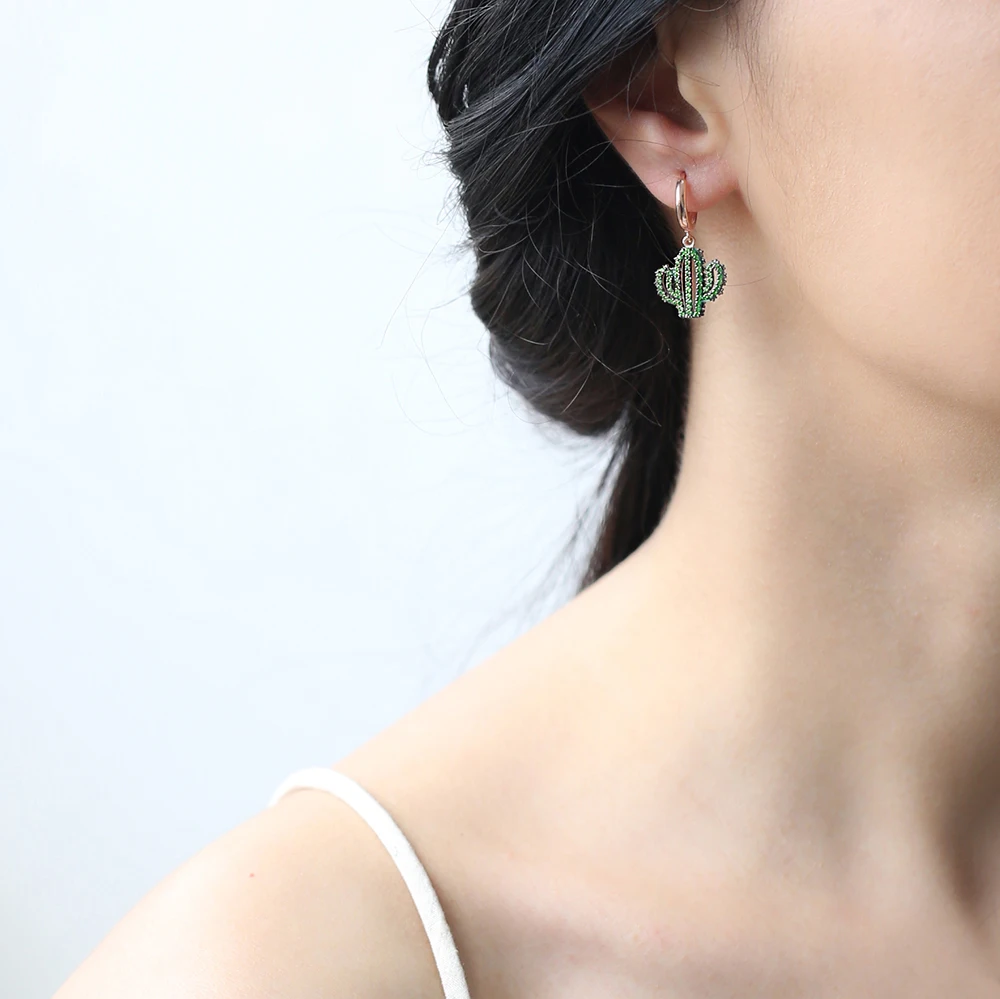 

SPENTA Emerald Stone Cactus Charm Turkish Handmade 925 Sterling Silver Earrings