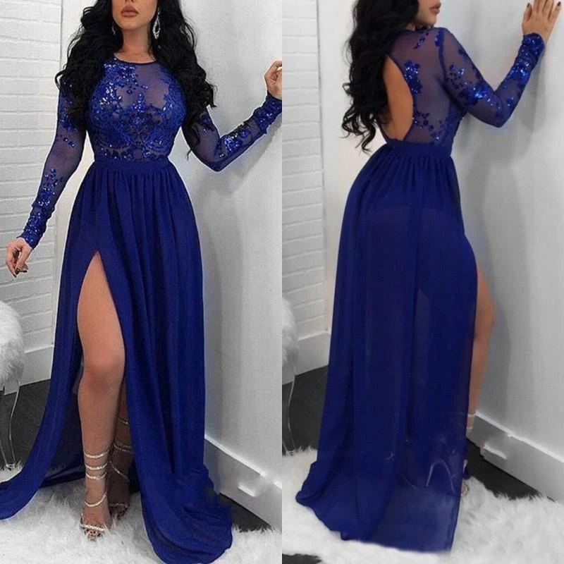 

O-Neck Floor-Length NONE Train Long Sleeve Formal Dresses Applique Prom Party Gown Custom Evening Dress A Line Thigh-High Slits