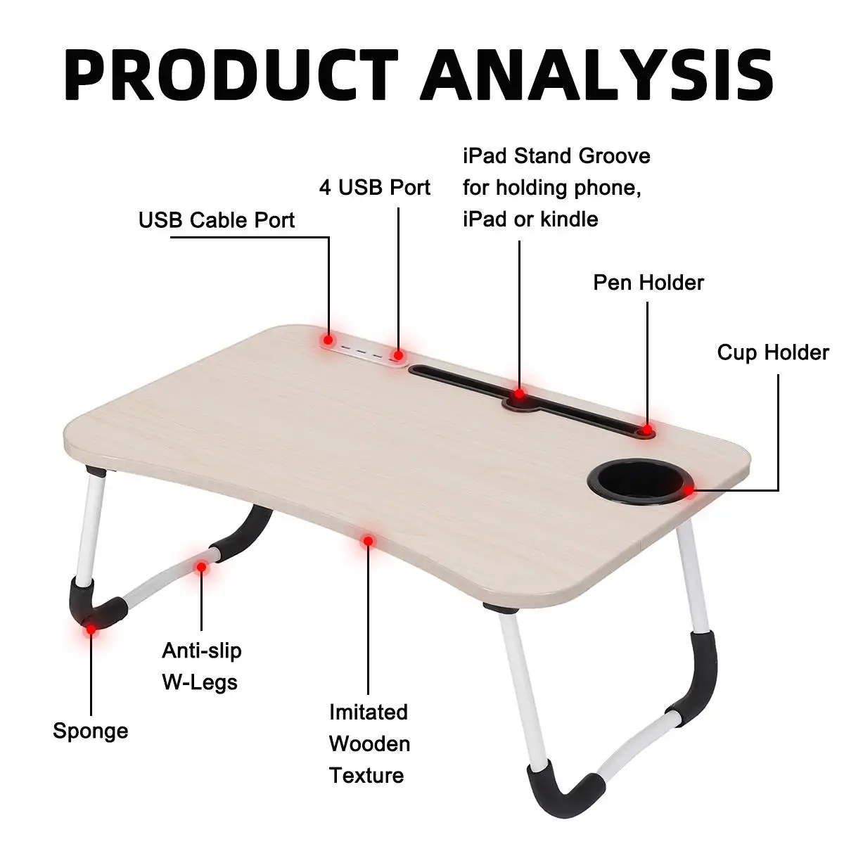 

Wooden USB Computer Desk Folding Laptop Stand Holder Study Table Desk for Bed Sofa Tea Serving Table Stand with Light Fan
