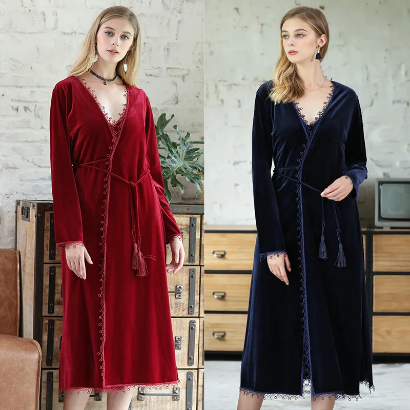 

HAOOHU 2020 winter new women's pajamas home suits fashion casual sexy long sleeve loose robe and braces skirt 2-pc set sleepwear