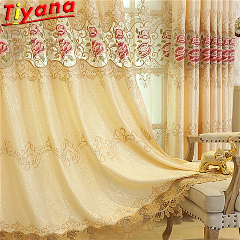 

Embroidered Peony Tulle Curtains for Living Room Luxury Yellow Drapes With Embroidery for Bedroom Window Treatment X-HM397*25