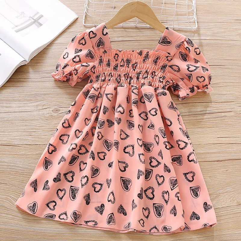 

Summer Kids Baby Girls Short Sleeve Print Pleat Love Knee-length Dresses Toddler Children Fashio Clothes 2-7Y