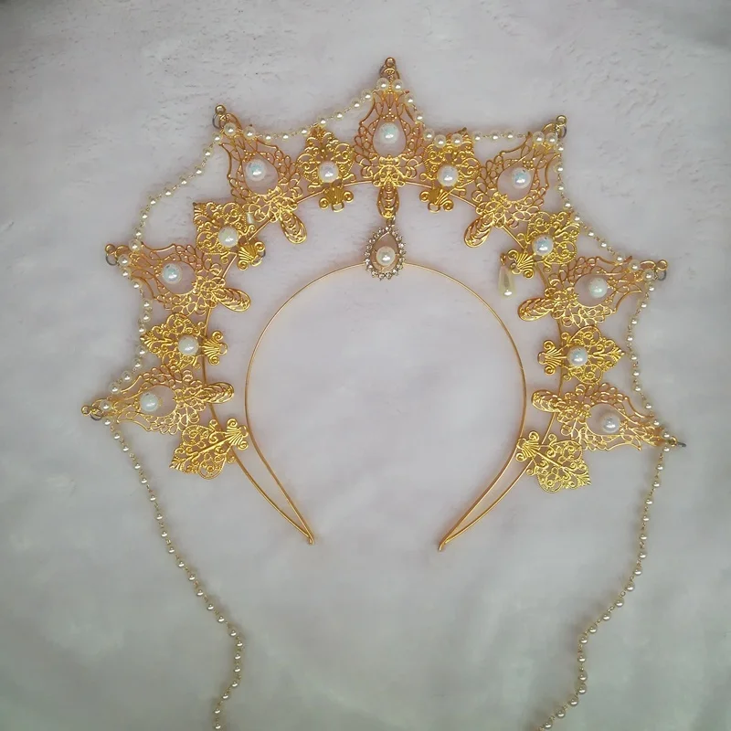 

Lolita Halo Headpiece Mary Goddess Gold Crown Beading Headdress Wedding Christmas Halloween Hair Hoop Headdress Accessories