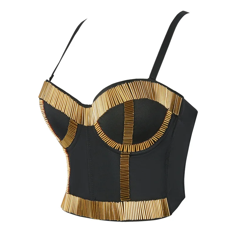 Золотой бюстье Для женщин Сталь скрепленный корсет Готик трубки бусины