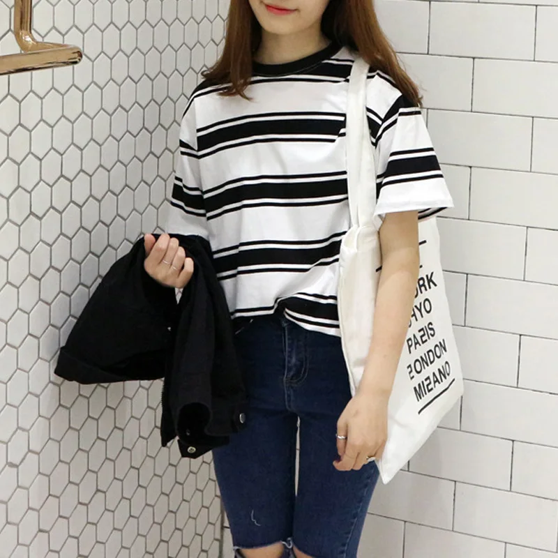 Женская футболка в полоску с коротким рукавом и круглым воротником Повседневная