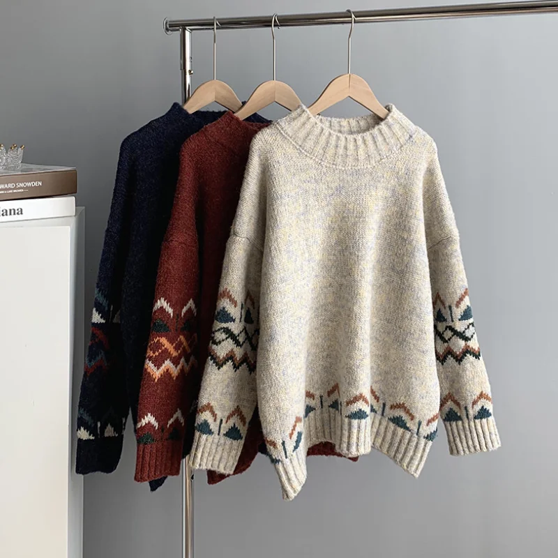 

Fashion autumn and winter knitted red sweater women printing long sleeve round neck loose pullover loose sweater