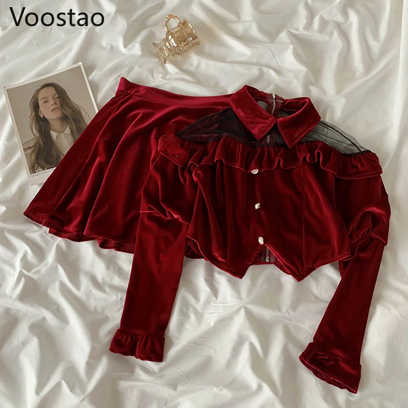 Женский бархатный костюм из двух предметов элегантный корейский предметов: топ с