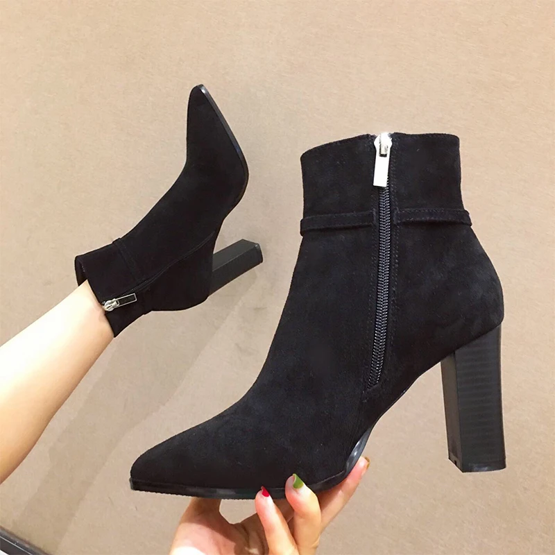 Botte hiver femme/женские ботильоны на высоком каблуке женские ботинки черного цвета