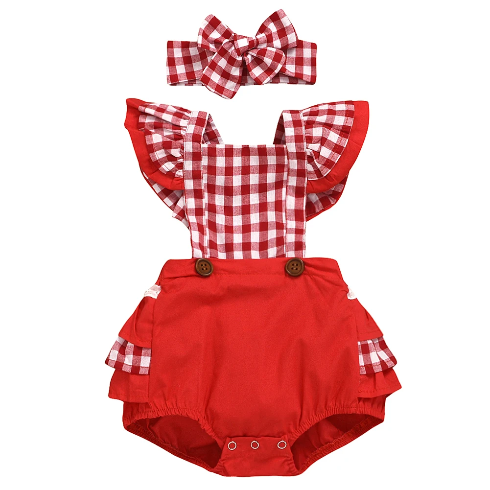 

Baby Sweet Fly Sleeve Romper Exquisite Design Classic Texture Delicate Headwear Set Girl Jumpsuit Casual Outfits Set