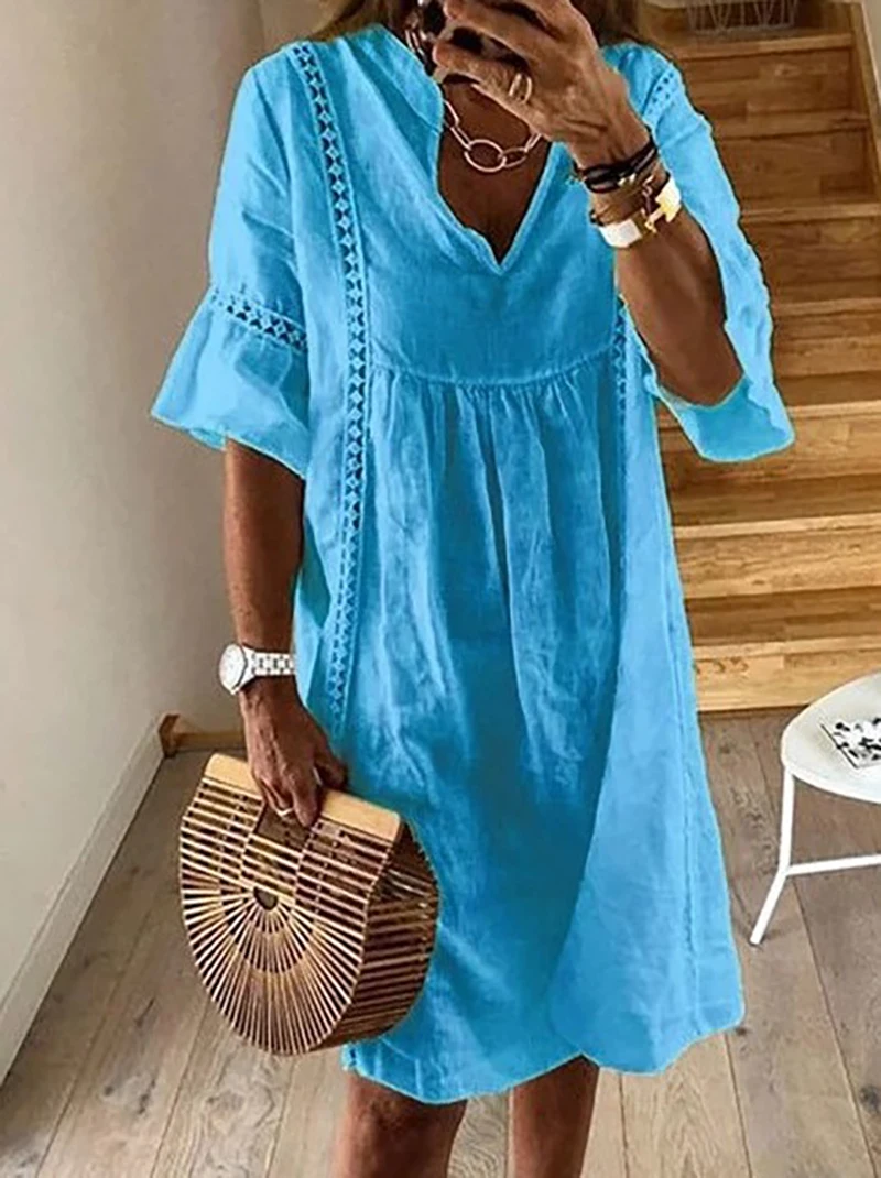 

YLDSGS 2021 Summer Lace Dress Women's Sundress Fashion Flare Sleeve Short Vestido Female Bohemian V Neck Party Shirt Robe Femme
