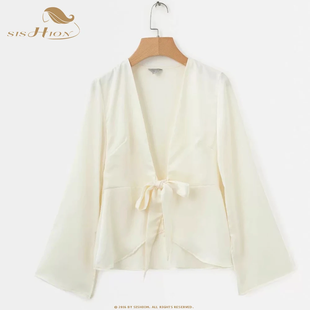 

SISHION 2021 Spring Sexy Deep V-neck Shirt Women Laced Cardigan Satin Wrapped Chest Blouse Top Female SP0908