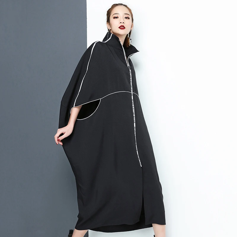 [EAM] 2019 новый пружинная подставка воротником с длинным рукавом черное на молнии