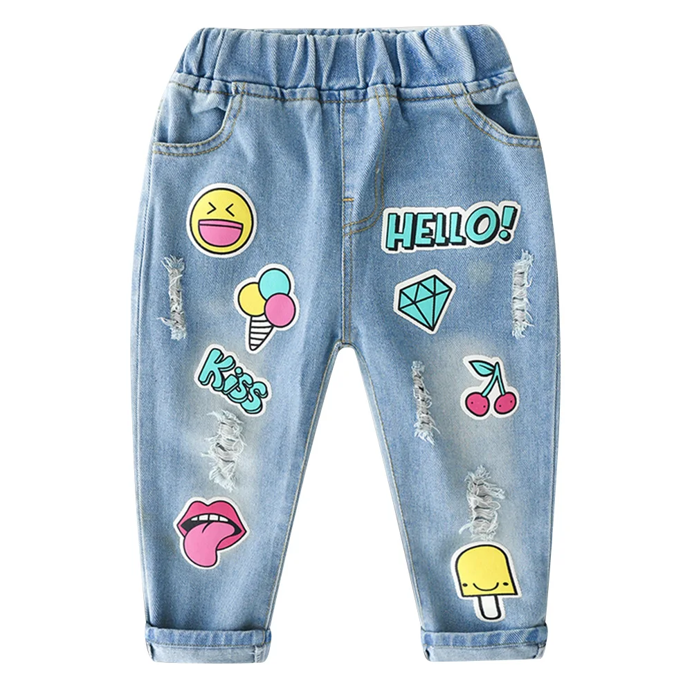 Детские рваные джинсы брюки коллекция 2019 года брендовые с рисунком модные для
