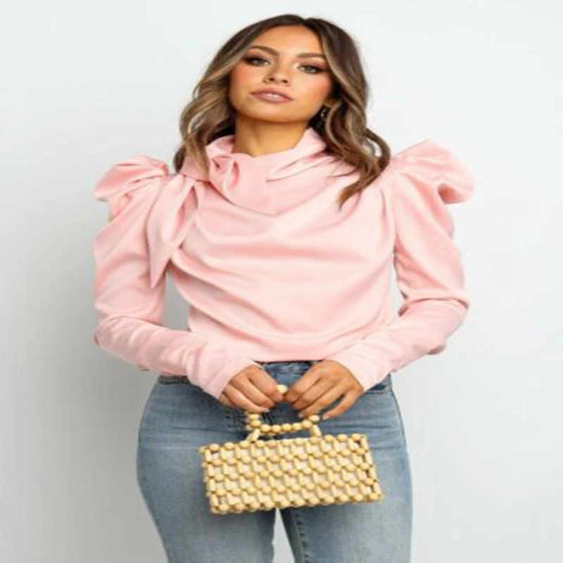 Модные женские атласные топы с бантом и длинными пышными рукавами Верхняя одежда