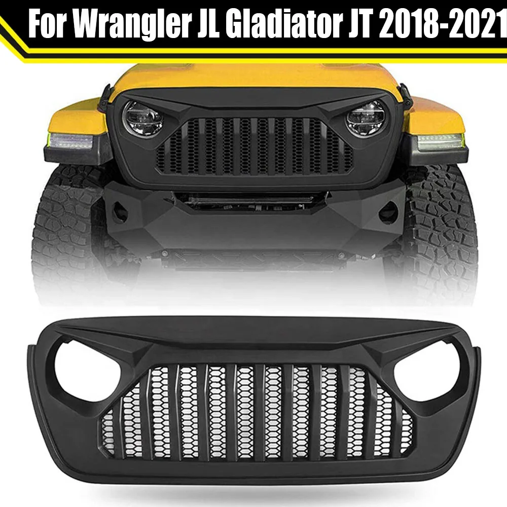 

4x4 Offroad Front Car Bumper Grille Fit For Jeep Wrangler JL Gladiator JT 2018-2021 Front Upper Grille Angry Style Racing Grills