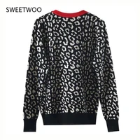 autumn winter women sweaters leopard knitted pullovers long sleeve contrast color crewneck jumpers sweter mujer 2021